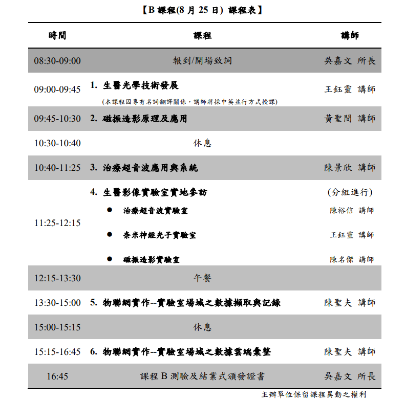 B 課程(8月25日)課程表