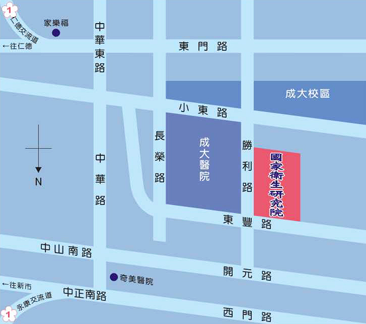 台南院區位於台南市北區東豐路與勝利路交叉路口，成大醫院門診大樓旁，於台南火車站下車後，搭乘成大醫院免費服務接駁車至門診大樓。